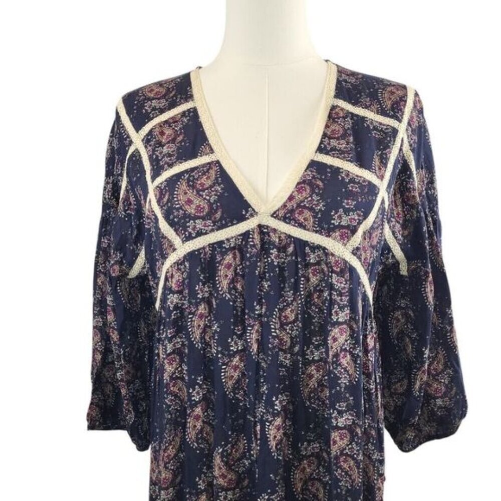 POL NEW Small Maxi Dress Cotton Blue Red Paisley Crochet Trim Vintage BOHO Style - Picture 6 of 16